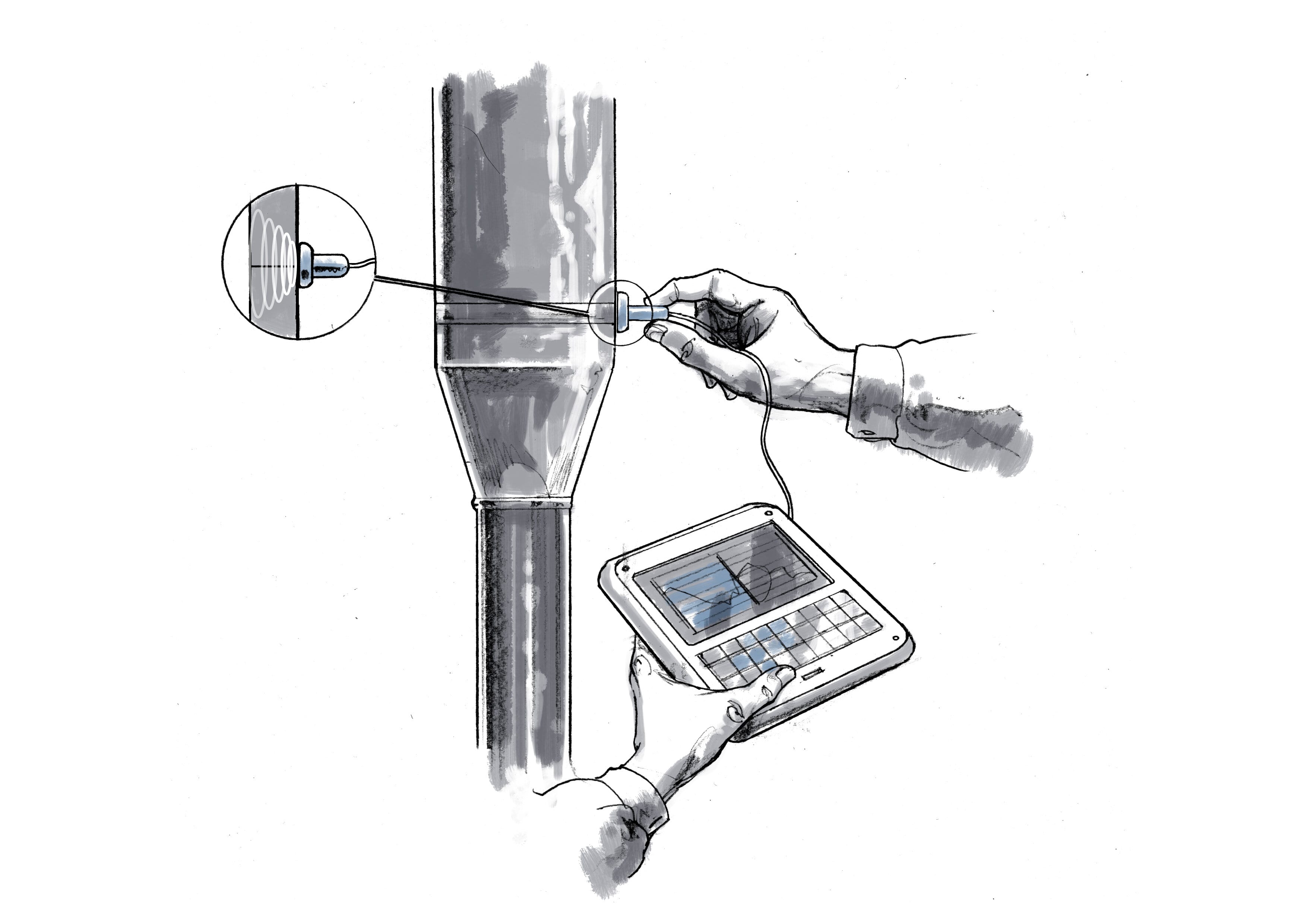 Drawing of ultrasound non-destructive testing (NDT) of machinery