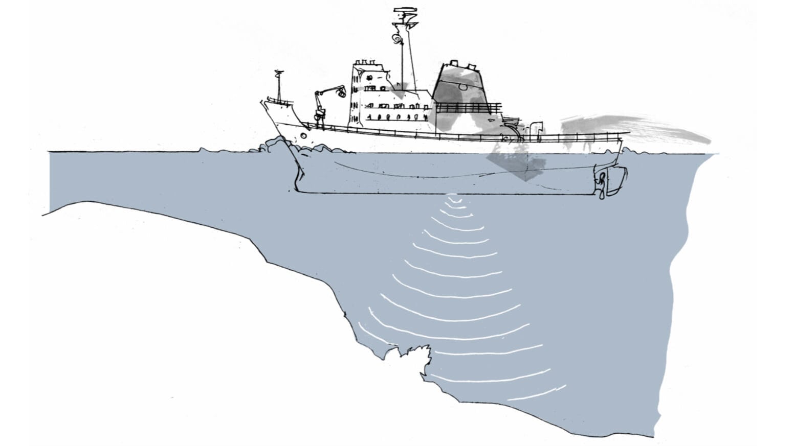 Drawing of ship using ultrasonic waves to map seafloor topography