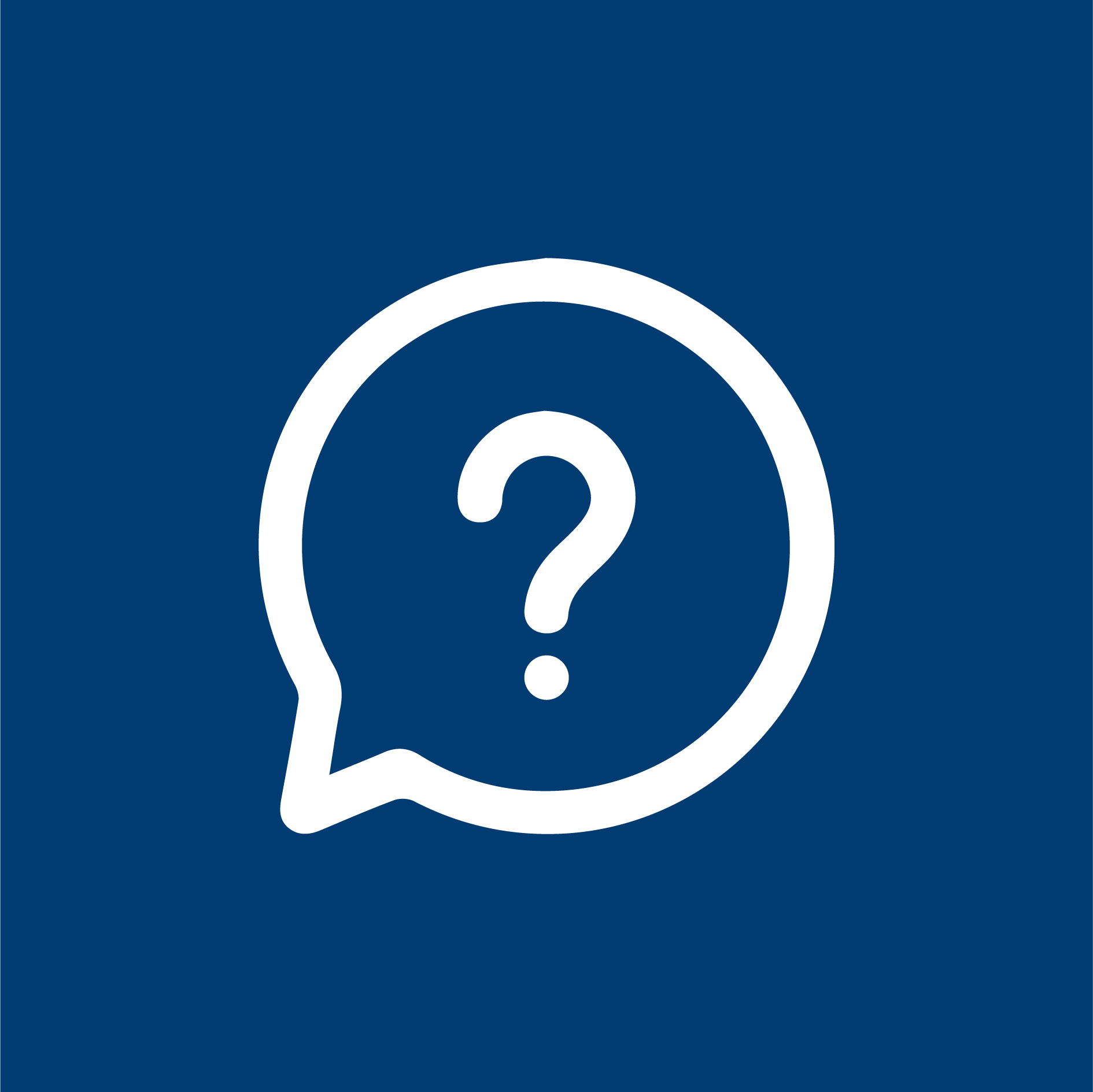 FAQ Icon showing a question mark in speech bubble in blue square