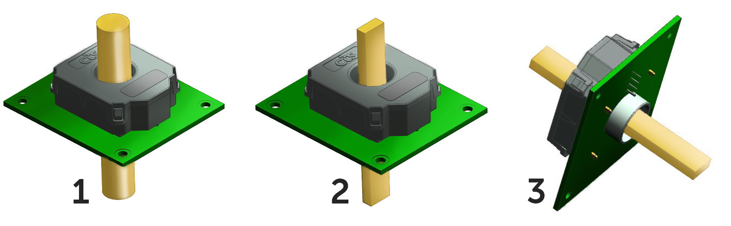 Three 3D renderings of the CTS PCB Mount current sensor mounted to a pcb board